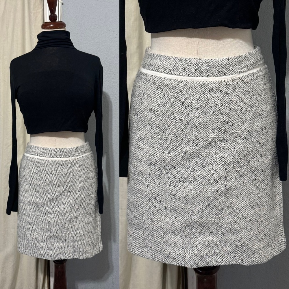 White House Black Market Herringbone Tweed Mini Skirt Black White Wool Blend 2